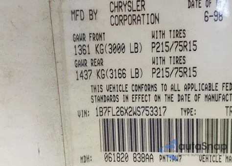 1998 Dodge Dakota Slt/Sport from USA, damaged, VIN 1B7FL26X2WS753317